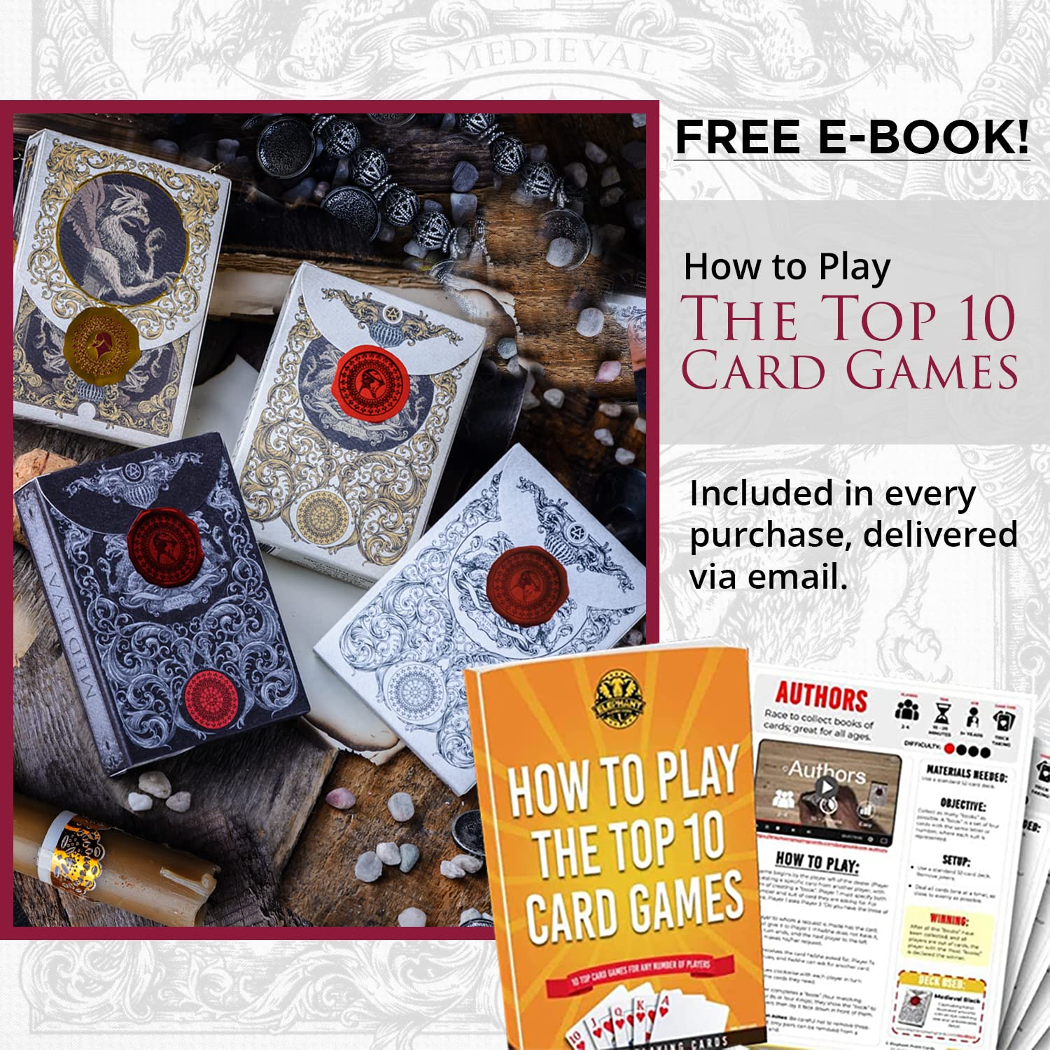 Medieval Playing Cards with Red Wax Seal & Free eBook – Premium Black Poker Deck by Elephant Playing Cards
