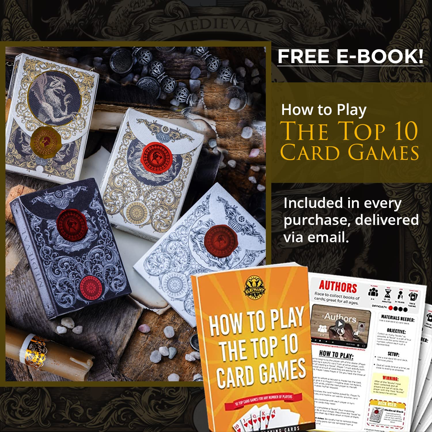 Medieval Playing Cards with Wax Seal & Free eBook – Black Poker Deck by Elephant Playing Cards
