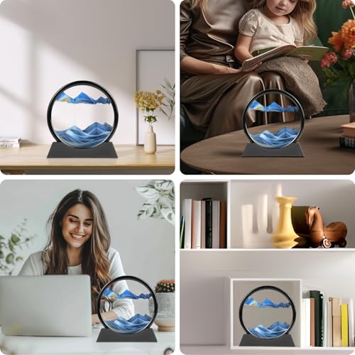 Meeitec Moving Sand Art 7 Inch Blue Round Glass Sandscape – Calming Desktop Decor with Unique 3D Liquid Motion
