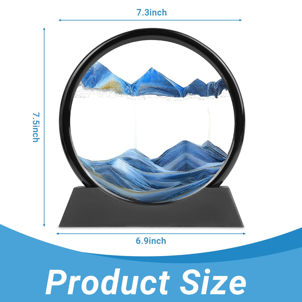 Meeitec Moving Sand Art 7 Inch Blue Round Glass Sandscape – Calming Desktop Decor with Unique 3D Liquid Motion