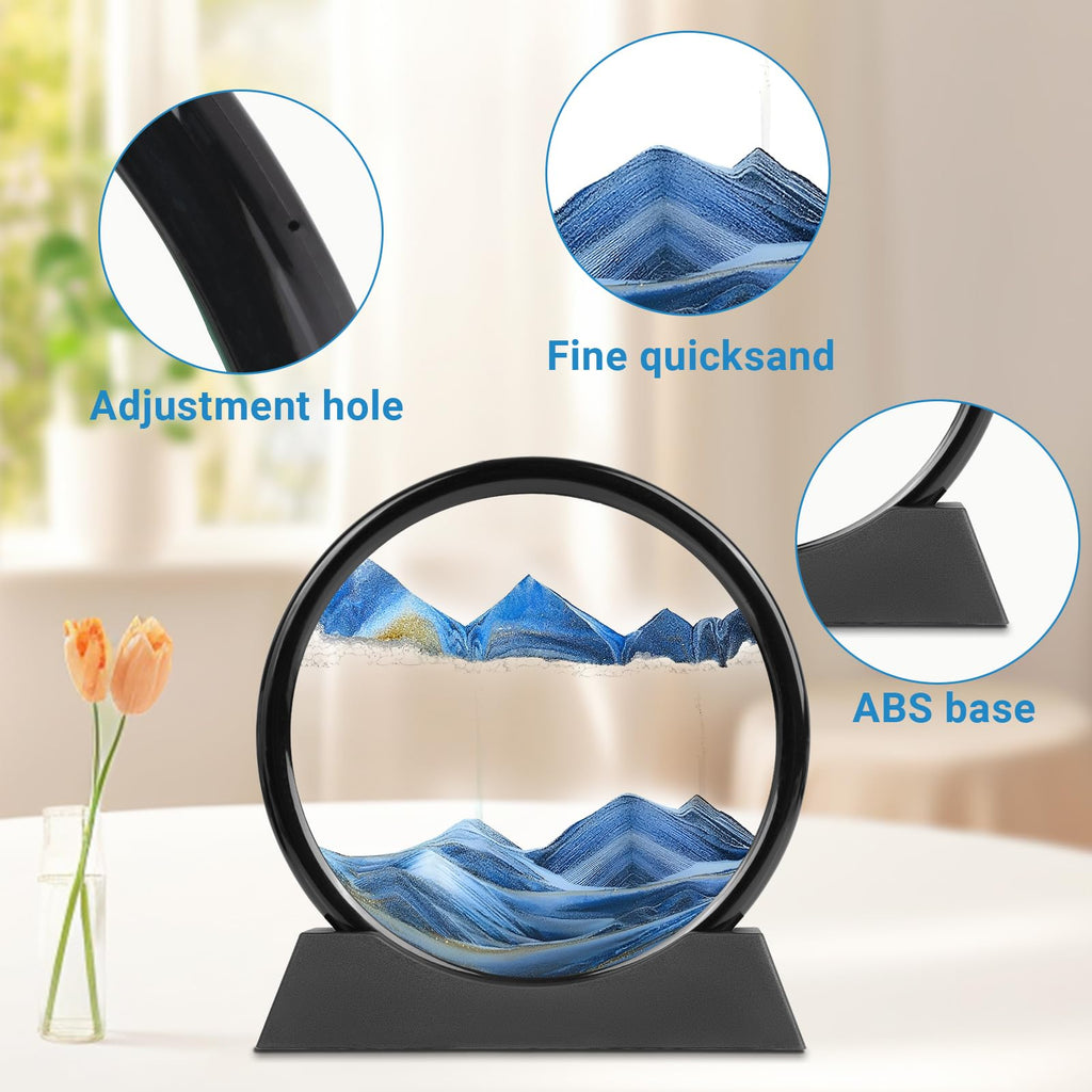 Meeitec Moving Sand Art 7 Inch Blue Round Glass Sandscape – Calming Desktop Decor with Unique 3D Liquid Motion