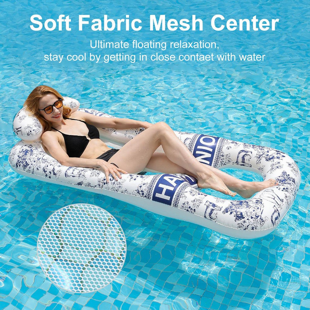 Meetinext Inflatable Pool Lounger for Adults – 65" x 33" Float Mat with Headrest & Cup Holders, Supports 300 lbs