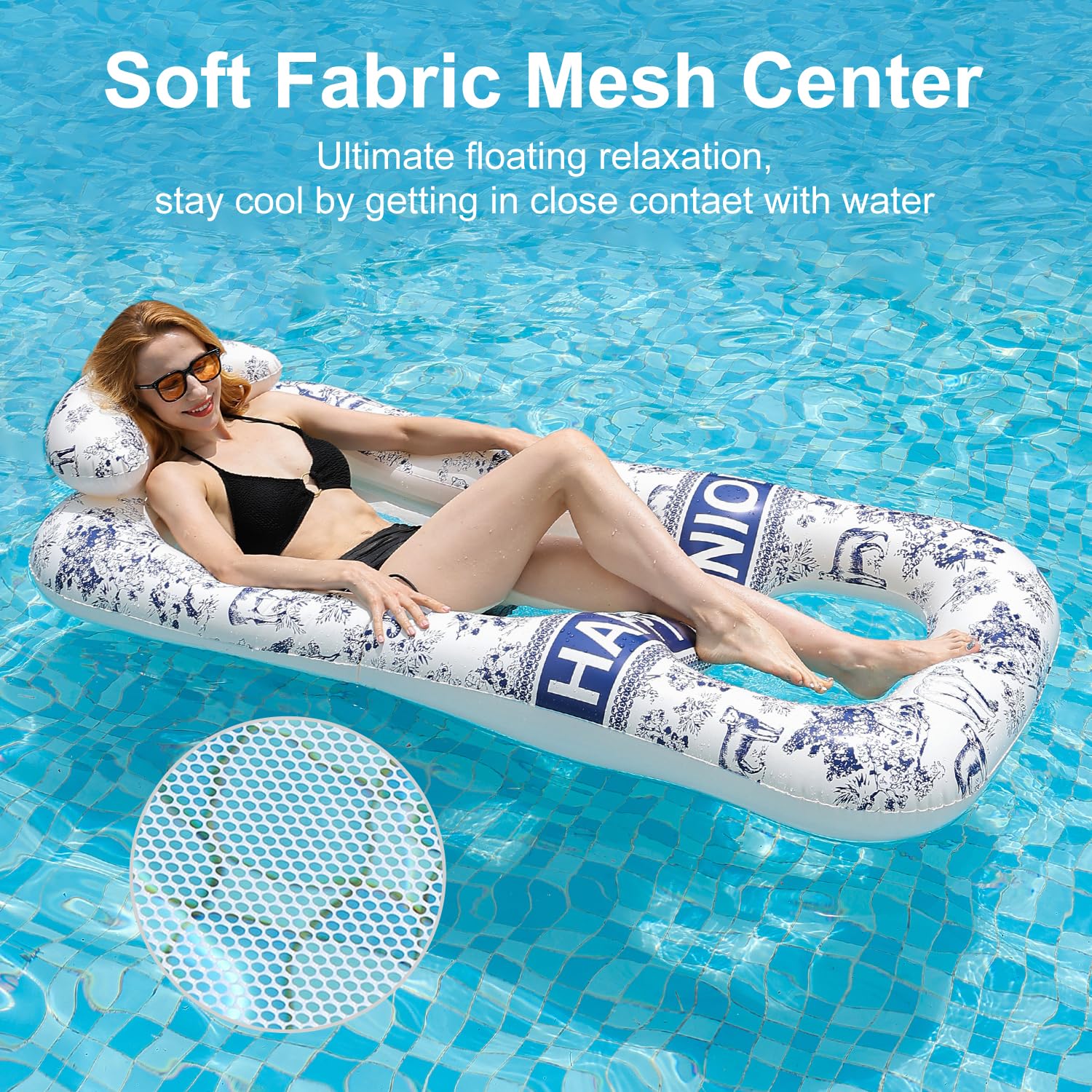 Meetinext Inflatable Pool Lounger for Adults – 65" x 33" Float Mat with Headrest & Cup Holders, Supports 300 lbs