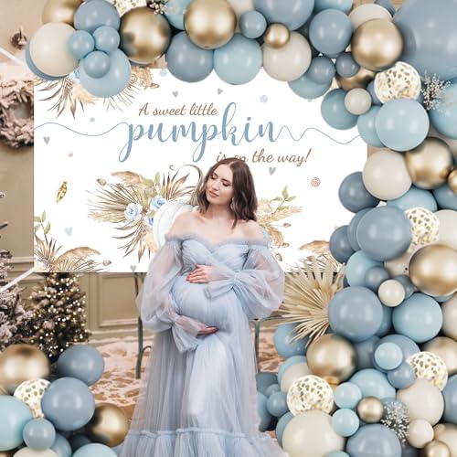 MEHOFOND 148PCS Boho Little Pumpkin Baby Shower Balloon Arch Kit – Blue & Gold Fall Decorations with Banner and Tying Tool