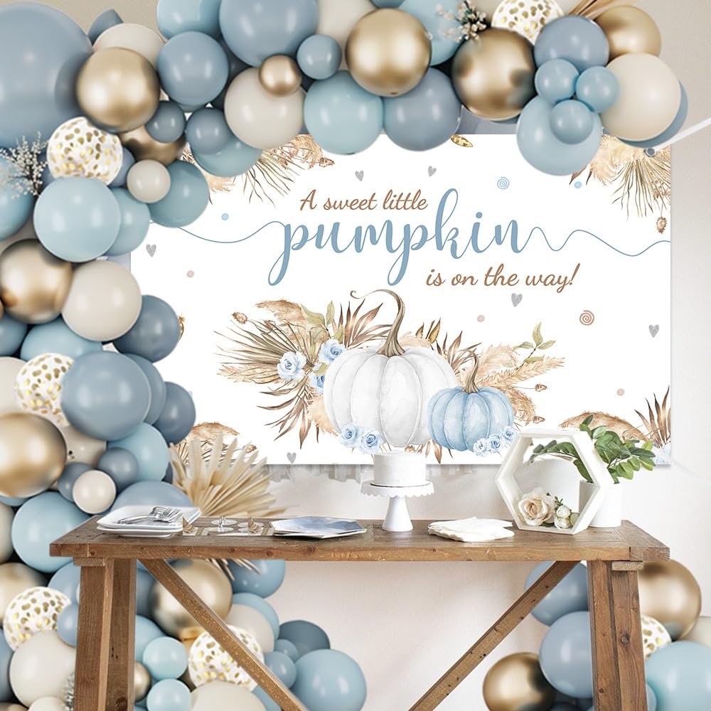 MEHOFOND 148PCS Boho Little Pumpkin Baby Shower Balloon Arch Kit – Blue & Gold Fall Decorations with Banner and Tying Tool