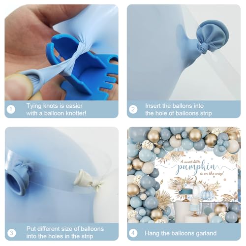 MEHOFOND 148PCS Boho Little Pumpkin Baby Shower Balloon Arch Kit – Blue & Gold Fall Decorations with Banner and Tying Tool