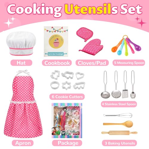 MEIDAYAI 23-Piece Kids Cooking Baking Set with Chef Hat & Apron – Pretend Play Kitchen Toys for 3-8 Year Old Girls