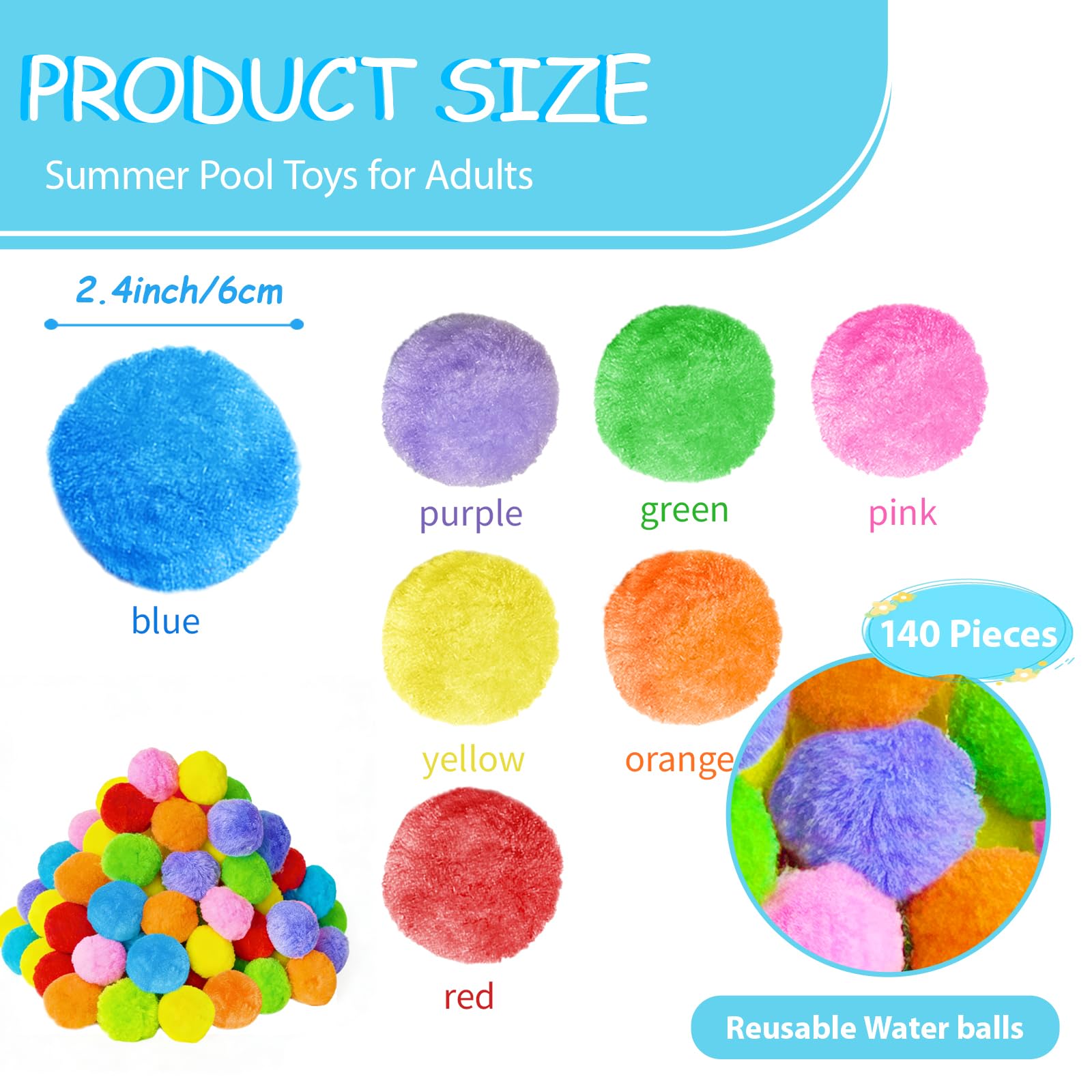 Meirrnyyu 140 Pcs Colorful Water Balls - Reusable Foam Sponge Balls for Pool, Beach, Outdoor Games (7 Colors)
