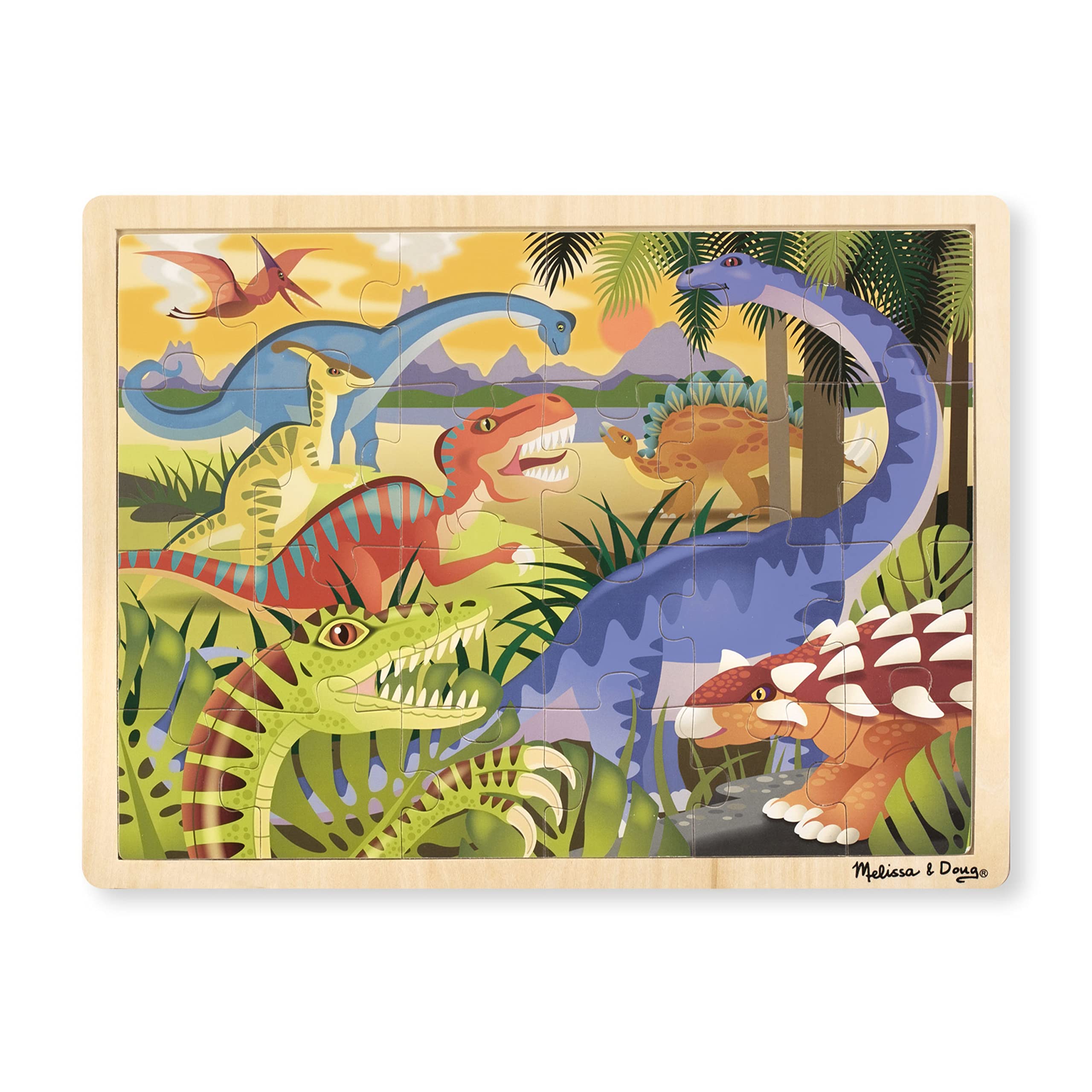 Melissa & Doug 24-Piece Wooden Dinosaur Jigsaw Puzzle with Tray