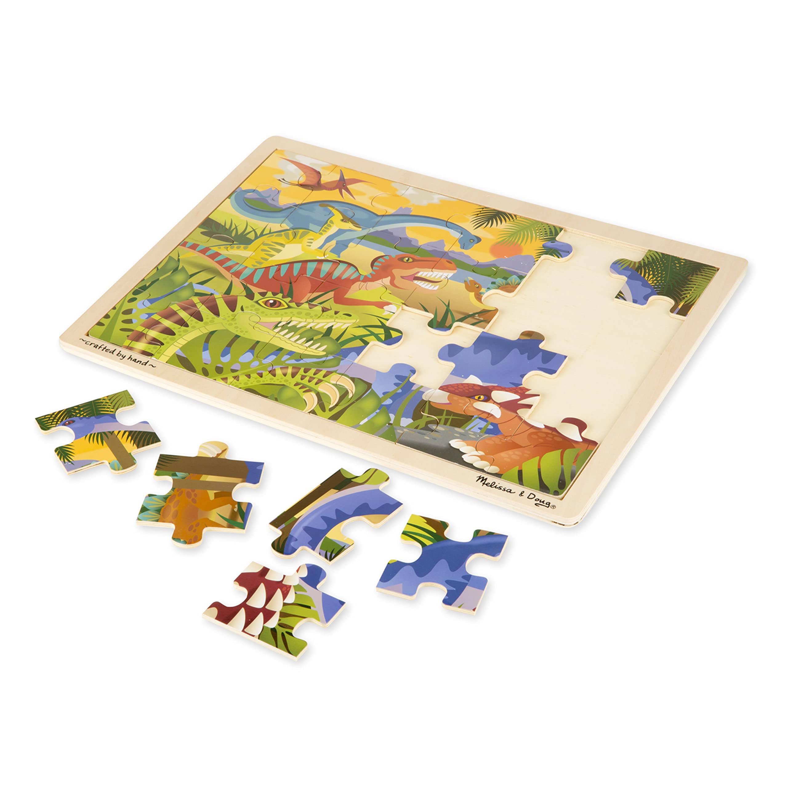 Melissa & Doug 24-Piece Wooden Dinosaur Jigsaw Puzzle with Tray