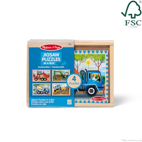 Melissa & Doug 4-in-1 Wooden Construction Vehicle Puzzles – 48 Pieces with Storage Box, Ages 3+