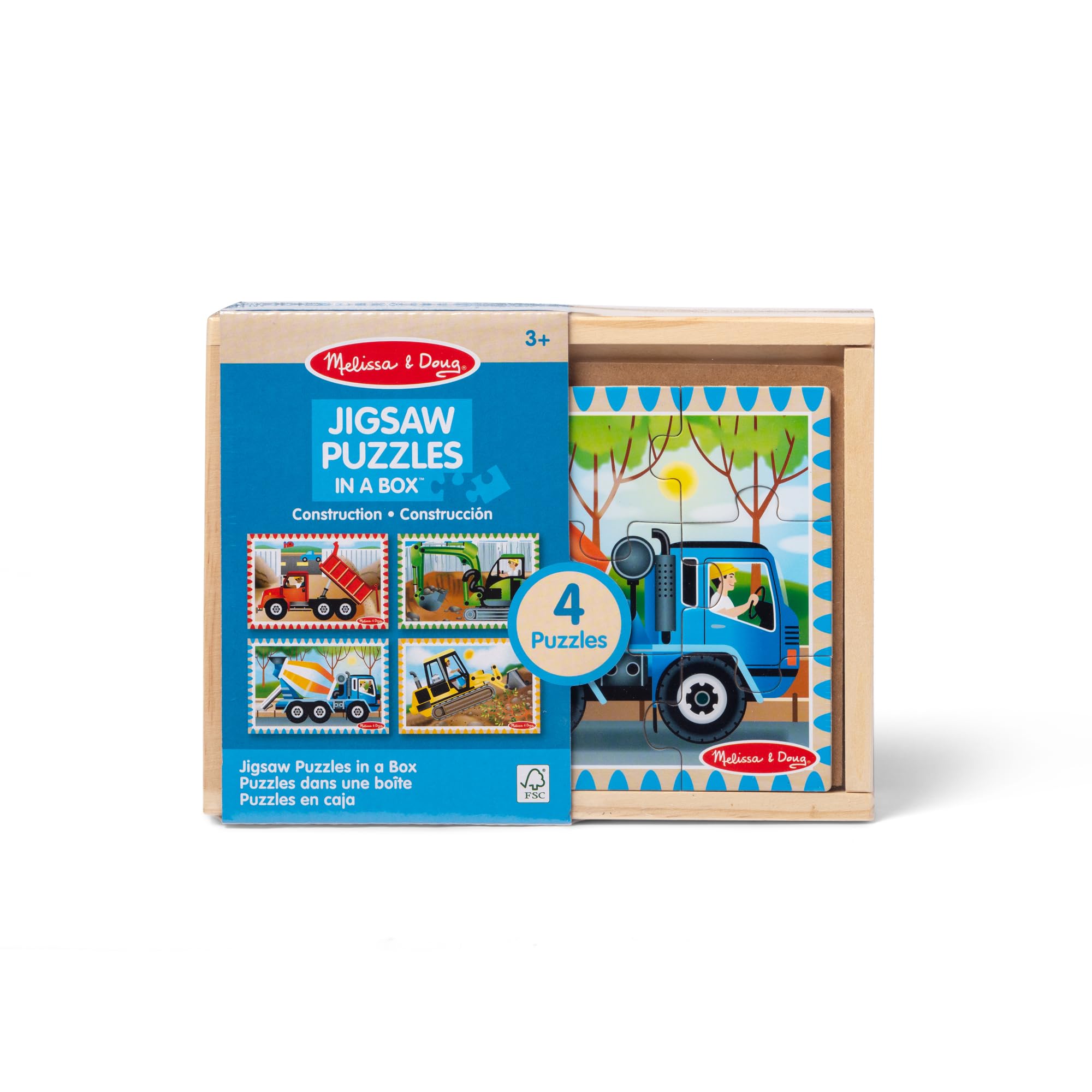 Melissa & Doug 4-in-1 Wooden Construction Vehicle Puzzles – 48 Pieces with Storage Box, Ages 3+