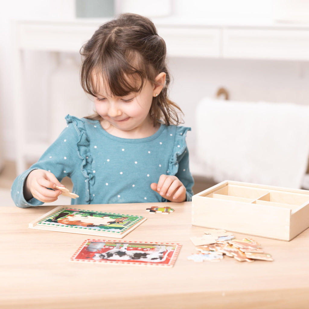 Melissa & Doug 4-in-1 Wooden Farm Animal Puzzles – 48 Pieces with Storage Box, Ages 3+