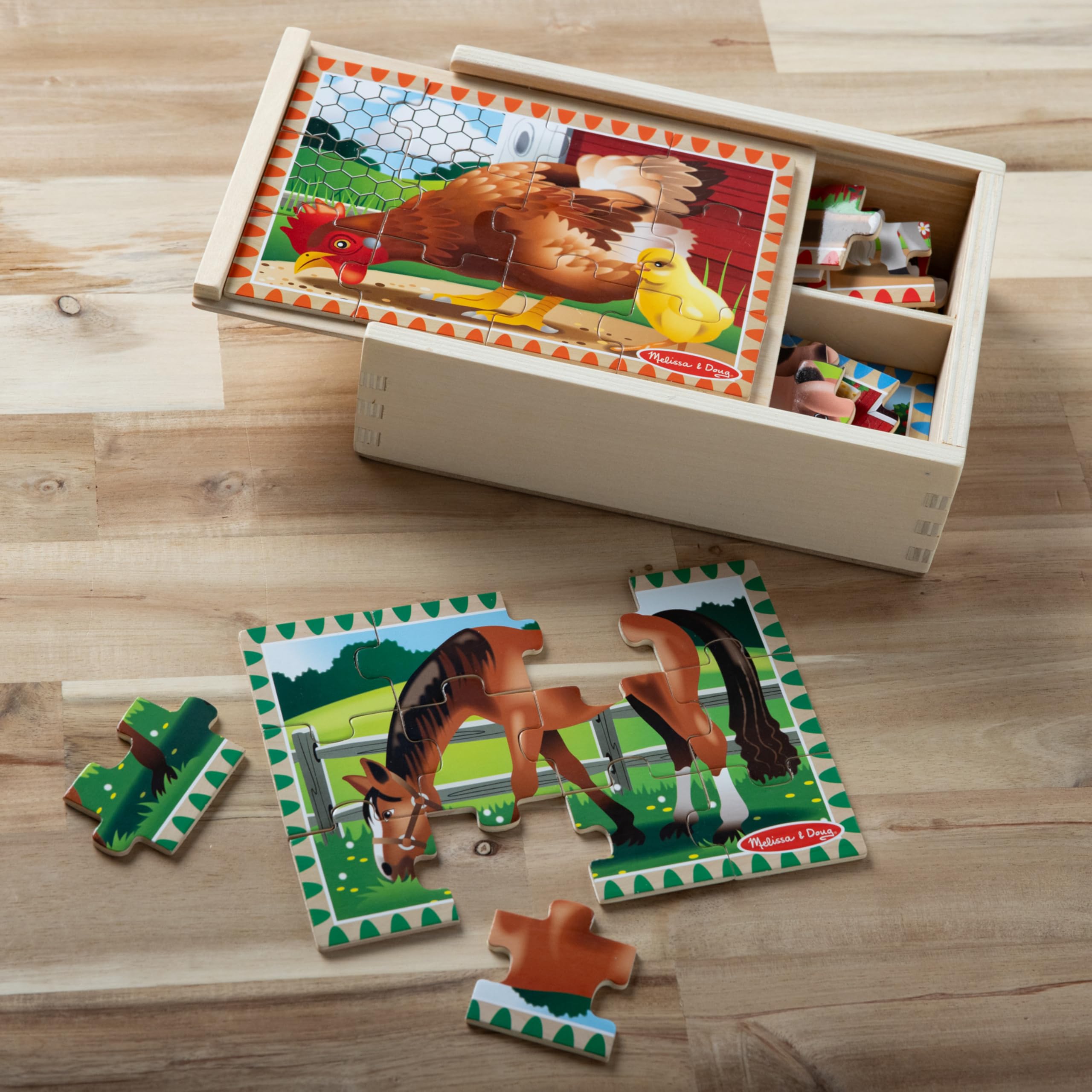Melissa & Doug 4-in-1 Wooden Farm Animal Puzzles – 48 Pieces with Storage Box, Ages 3+