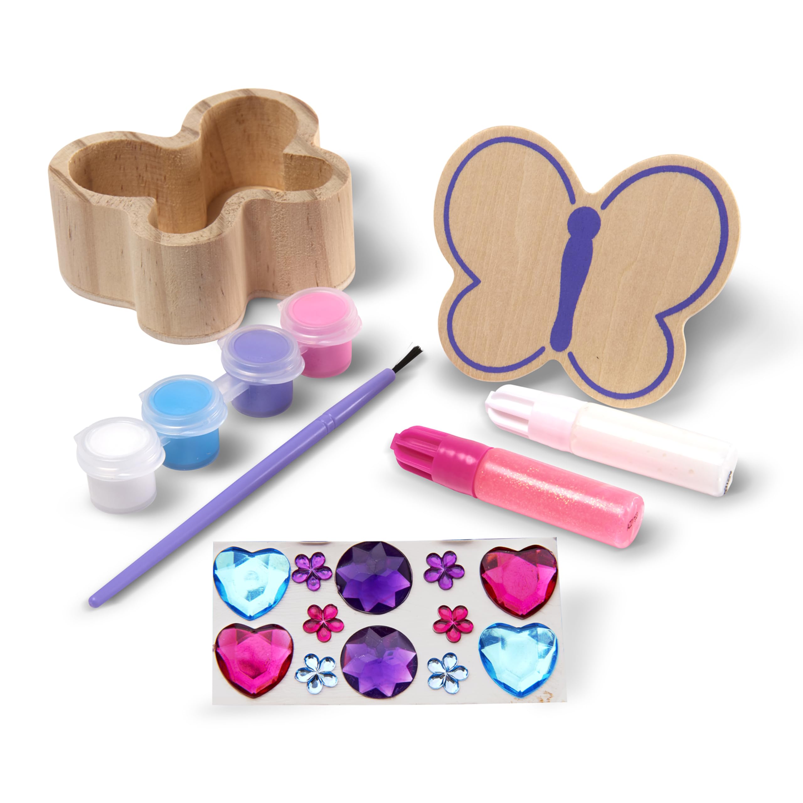 Melissa & Doug Butterfly Box Wooden Craft Kit with Paints, Gem Stickers, and Glitter Glue