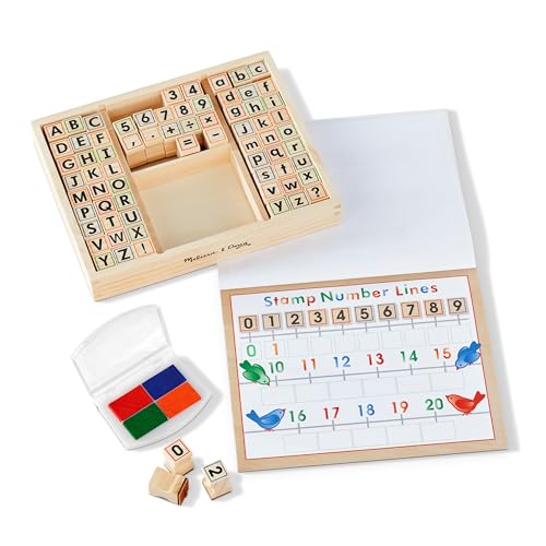 Melissa & Doug Deluxe Letters and Numbers Wooden Stamp Set – 71 Stamps, 4-Color Ink Pad, Activity Book (Ages 4-8)