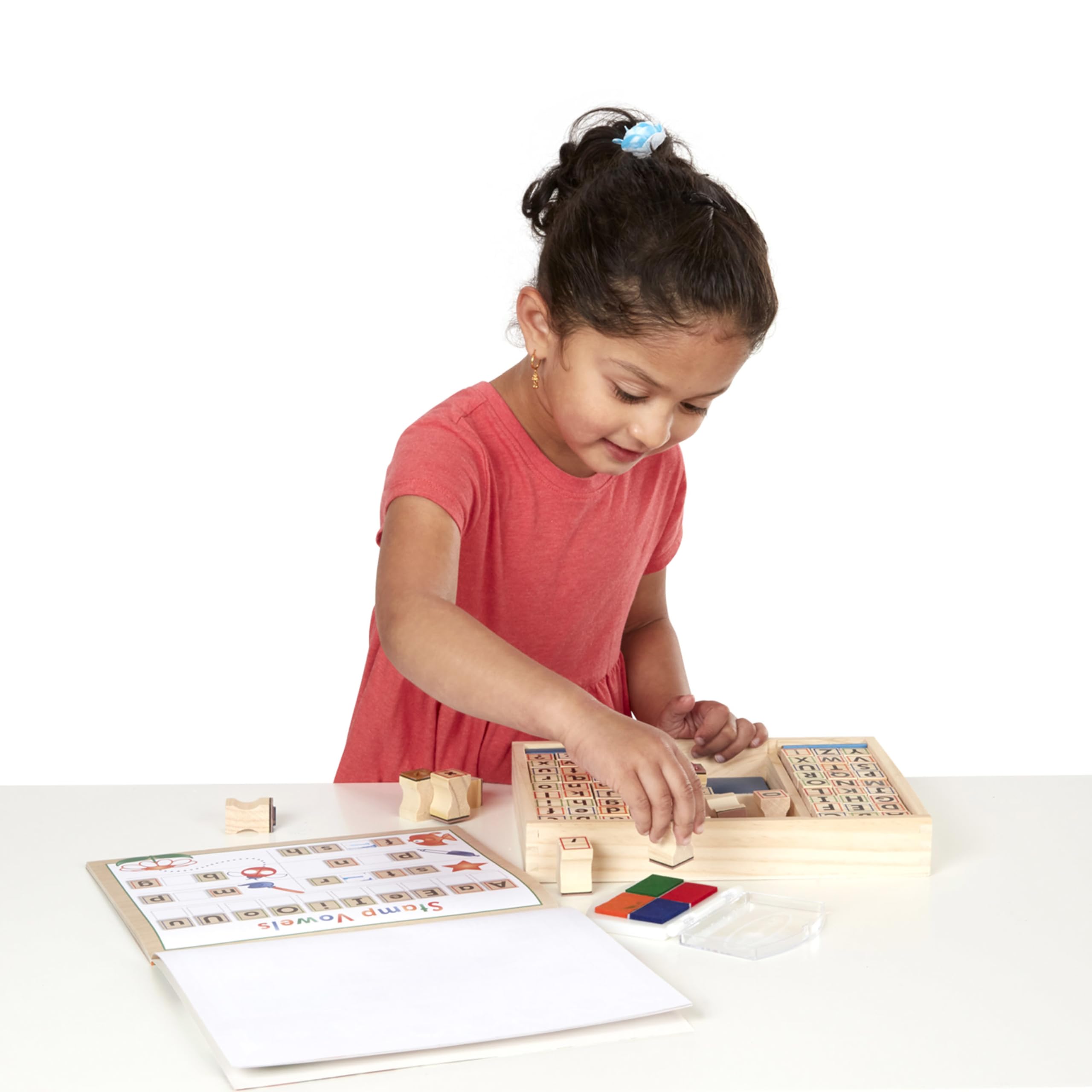 Melissa & Doug Deluxe Letters and Numbers Wooden Stamp Set – 71 Stamps, 4-Color Ink Pad, Activity Book (Ages 4-8)