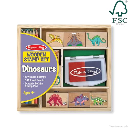 Melissa & Doug Dinosaur Stamp Set: 8 Stamps, 5 Pencils, 2-Color Ink Pad in Wooden Box