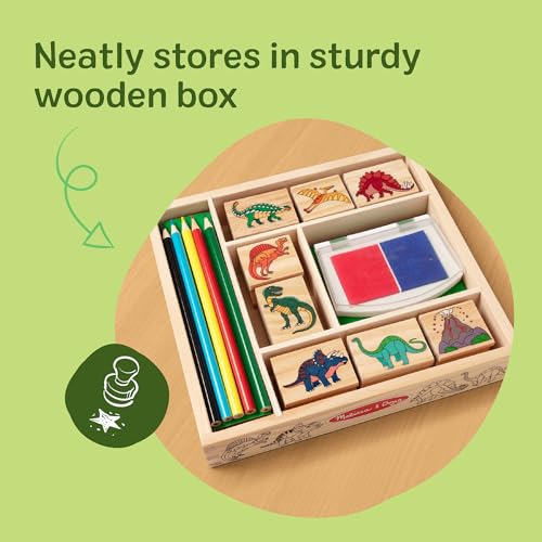 Melissa & Doug Dinosaur Stamp Set: 8 Stamps, 5 Pencils, 2-Color Ink Pad in Wooden Box