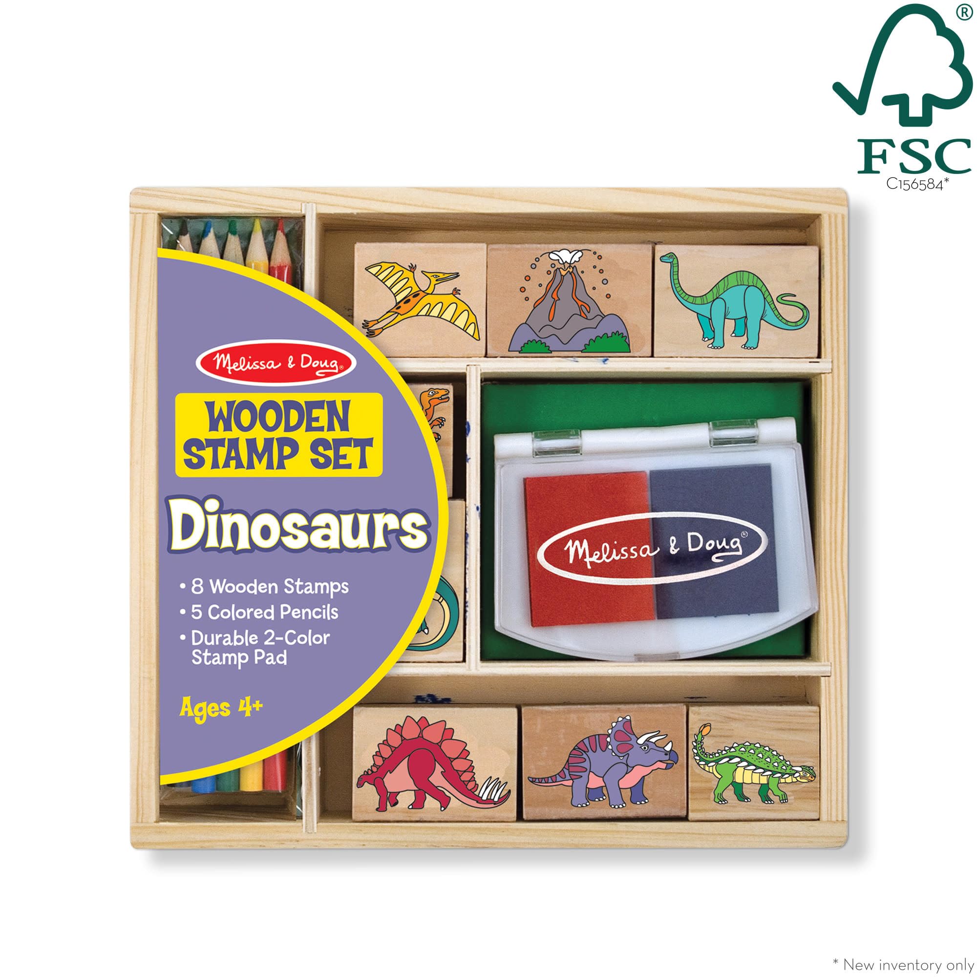 Melissa & Doug Dinosaur Stamp Set: 8 Stamps, 5 Pencils, 2-Color Ink Pad in Wooden Box