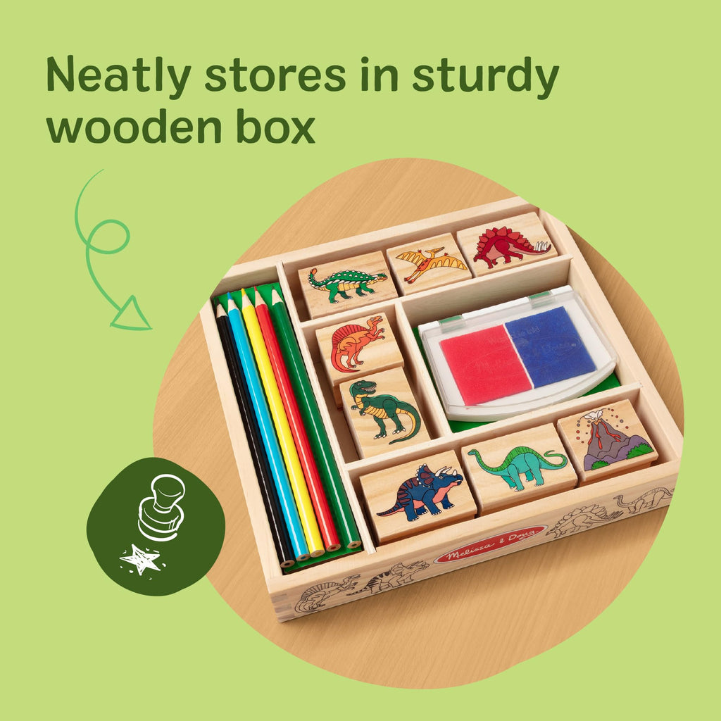 Melissa & Doug Dinosaur Stamp Set: 8 Stamps, 5 Pencils, 2-Color Ink Pad in Wooden Box