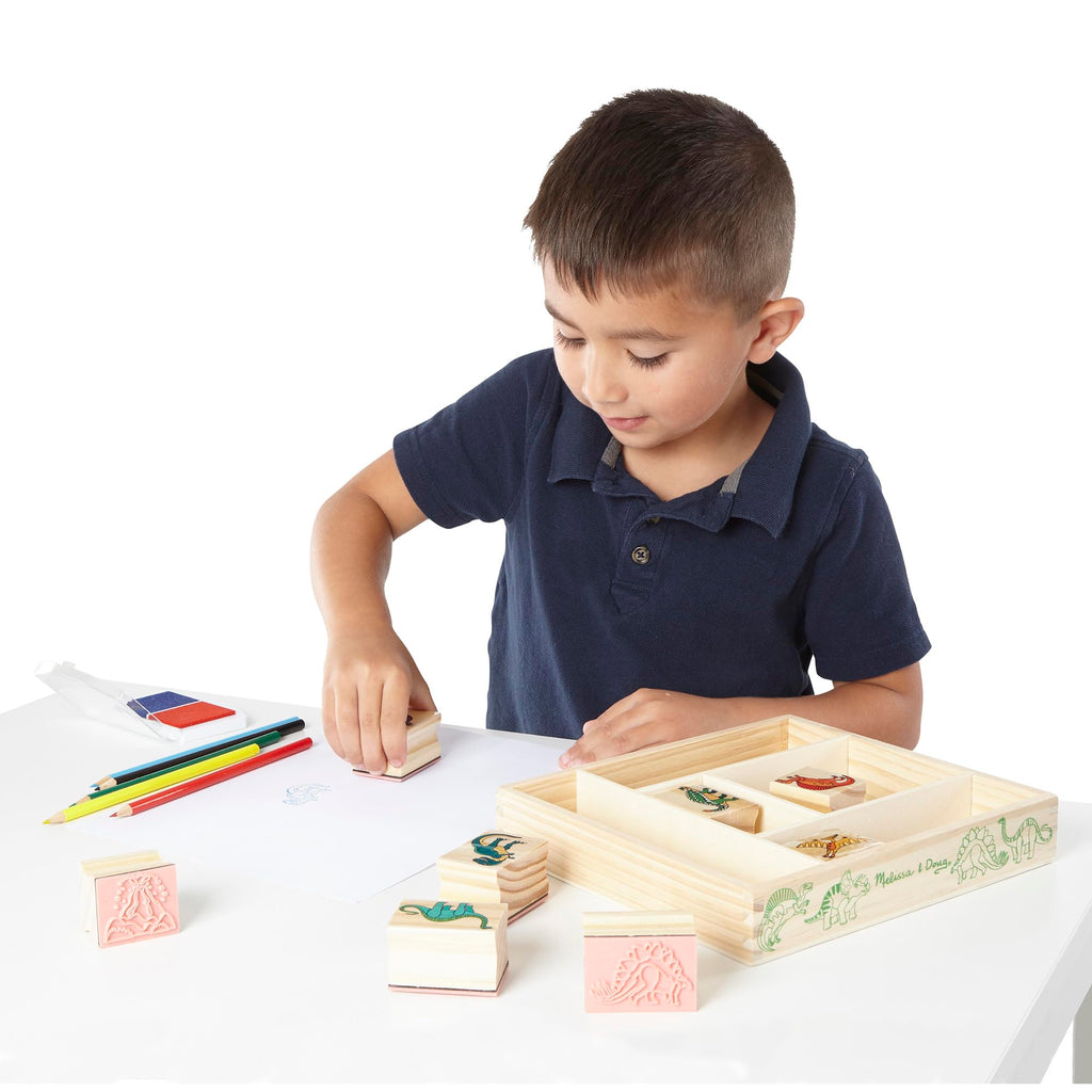 Melissa & Doug Dinosaur Stamp Set: 8 Stamps, 5 Pencils, 2-Color Ink Pad in Wooden Box