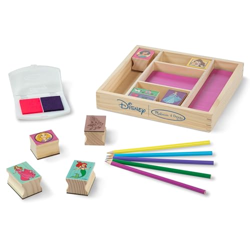 Melissa & Doug Disney Princess Wooden Stamp Set – 9 Stamps, 5 Colored Pencils, 2-Color Ink Pad, Washable & Non-Toxic, Ages 4+