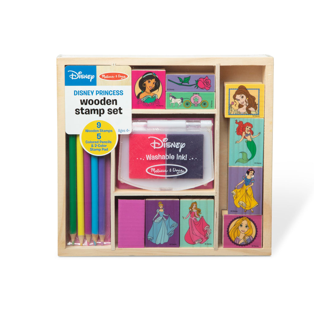 Melissa & Doug Disney Princess Wooden Stamp Set – 9 Stamps, 5 Colored Pencils, 2-Color Ink Pad, Washable & Non-Toxic, Ages 4+