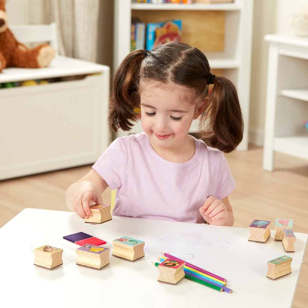 Melissa & Doug Disney Princess Wooden Stamp Set – 9 Stamps, 5 Colored Pencils, 2-Color Ink Pad, Washable & Non-Toxic, Ages 4+