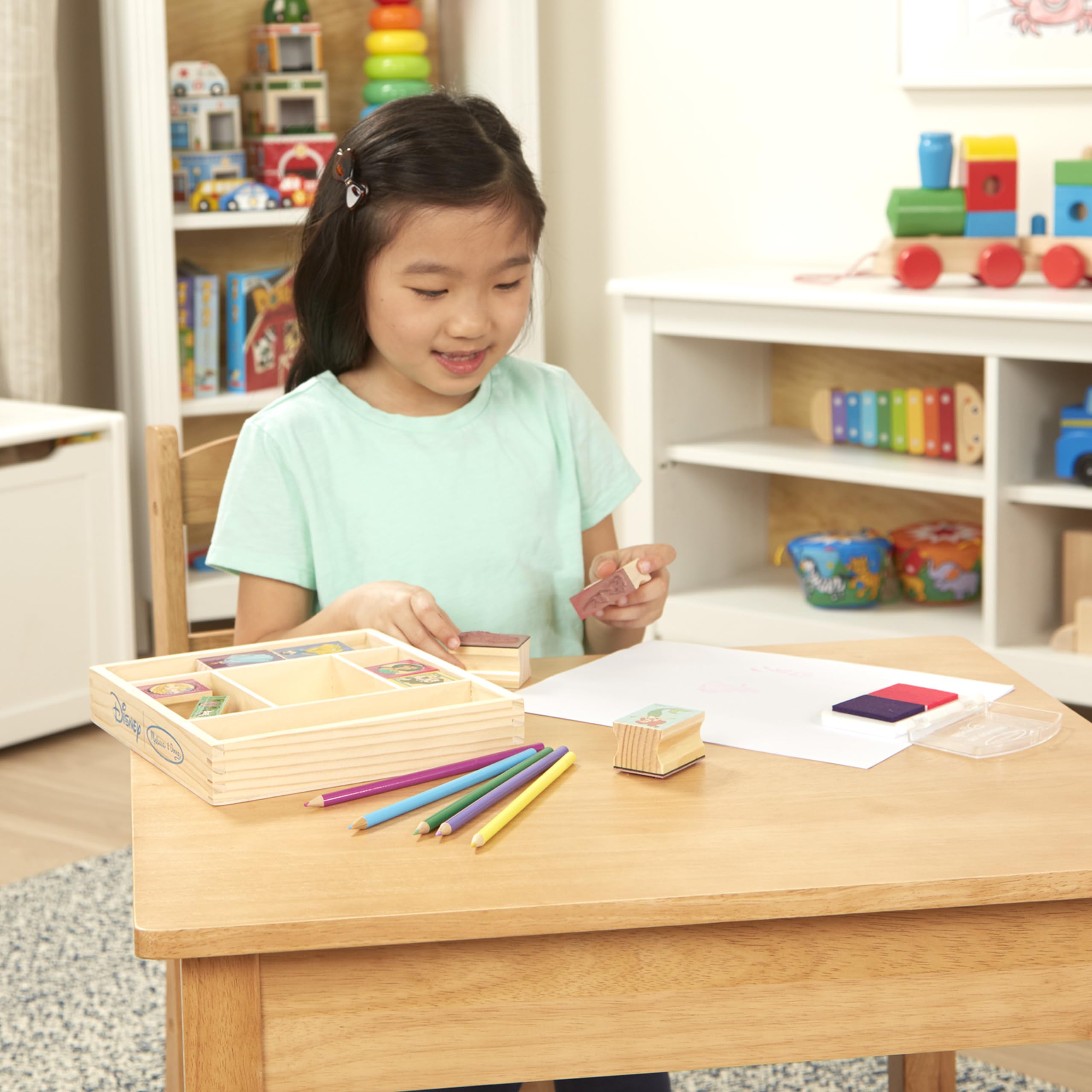Melissa & Doug Disney Princess Wooden Stamp Set – 9 Stamps, 5 Colored Pencils, 2-Color Ink Pad, Washable & Non-Toxic, Ages 4+