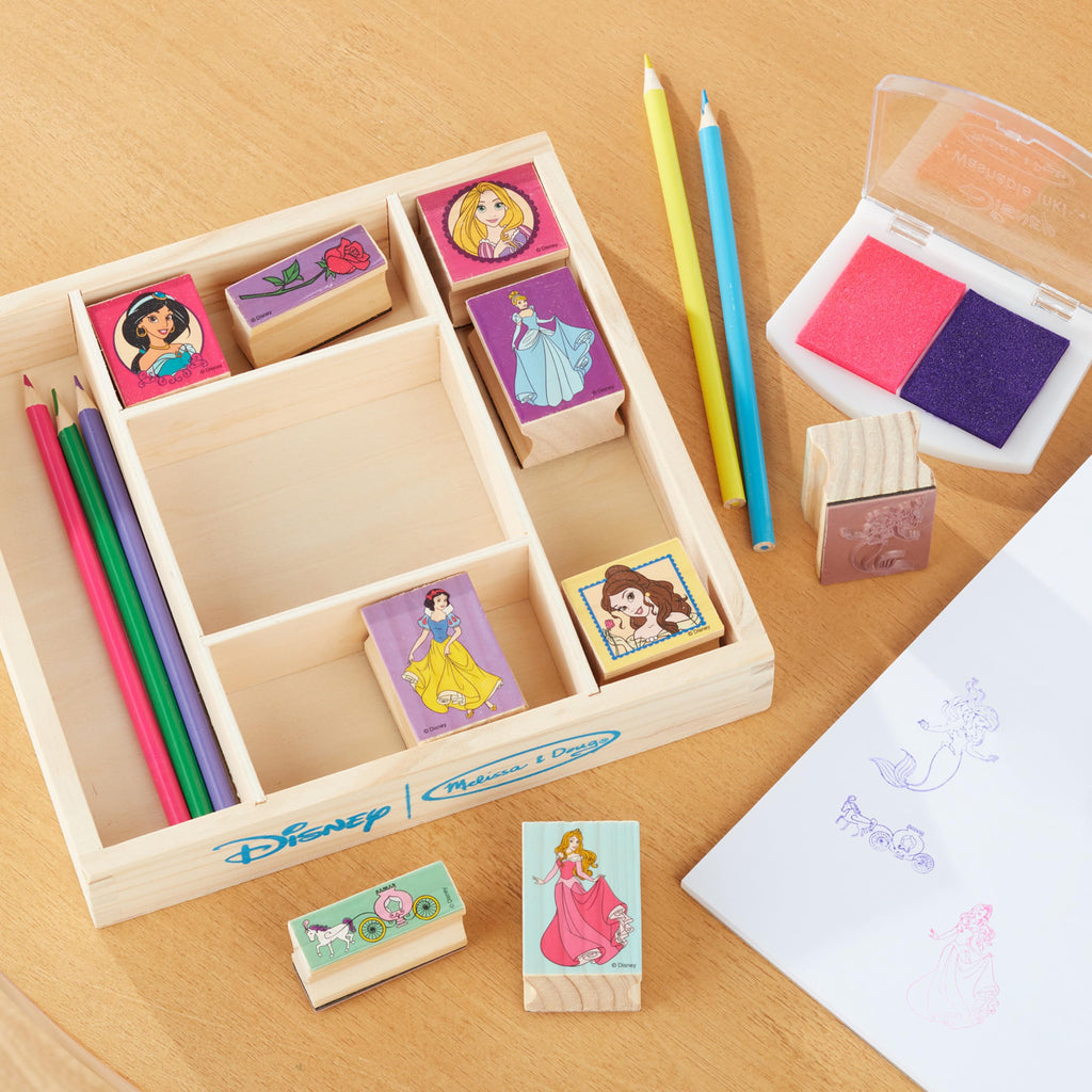 Melissa & Doug Disney Princess Wooden Stamp Set – 9 Stamps, 5 Colored Pencils, 2-Color Ink Pad, Washable & Non-Toxic, Ages 4+