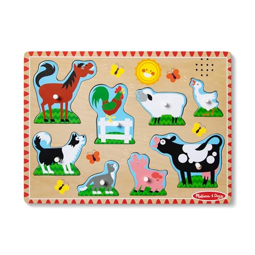 Melissa & Doug Farm Animals Sound Puzzle – 8-Piece Wooden Peg Puzzle with Light-Activated Sounds for Toddlers Ages 2+