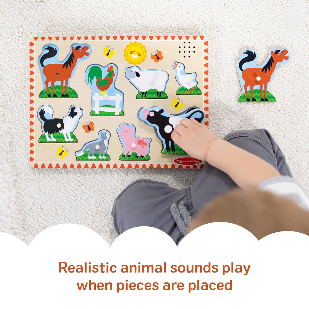 Melissa & Doug Farm Animals Sound Puzzle – 8-Piece Wooden Peg Puzzle with Light-Activated Sounds for Toddlers Ages 2+