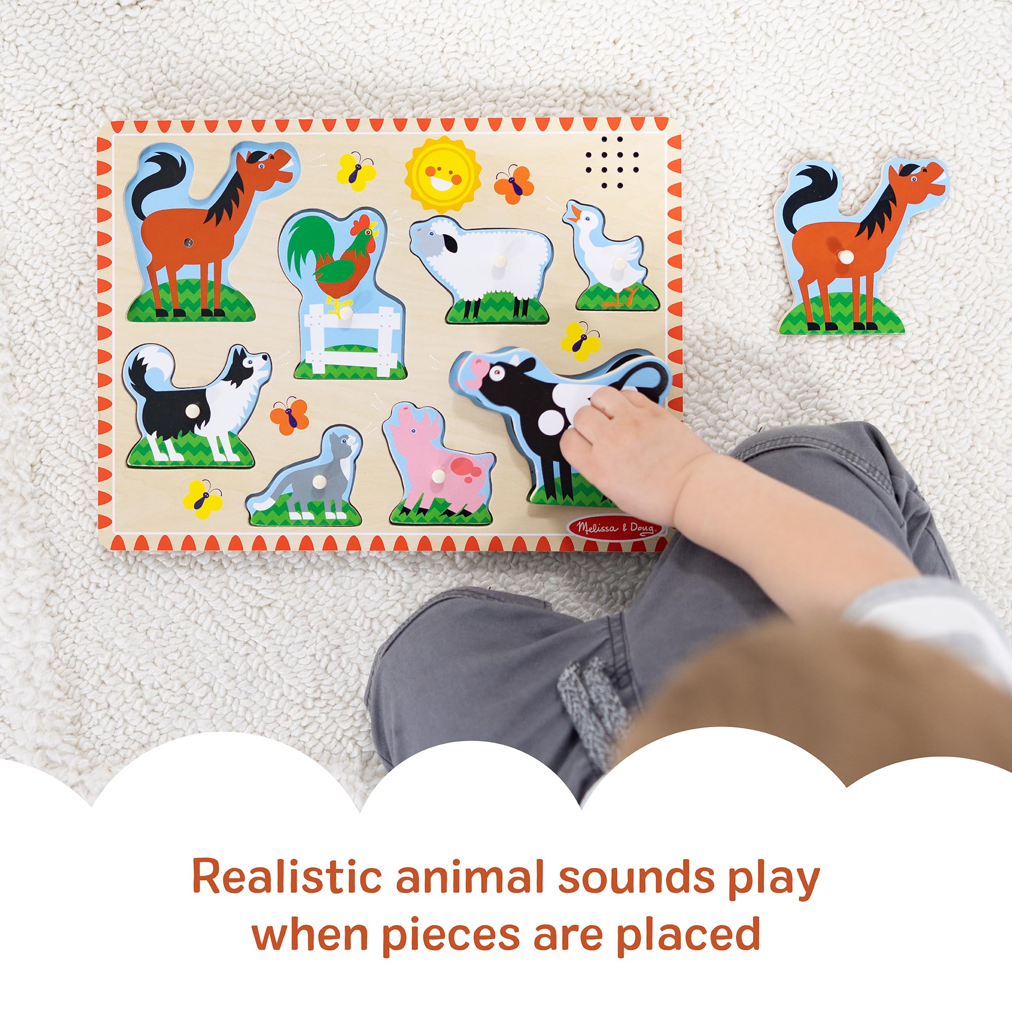 Melissa & Doug Farm Animals Sound Puzzle – 8-Piece Wooden Peg Puzzle with Light-Activated Sounds for Toddlers Ages 2+
