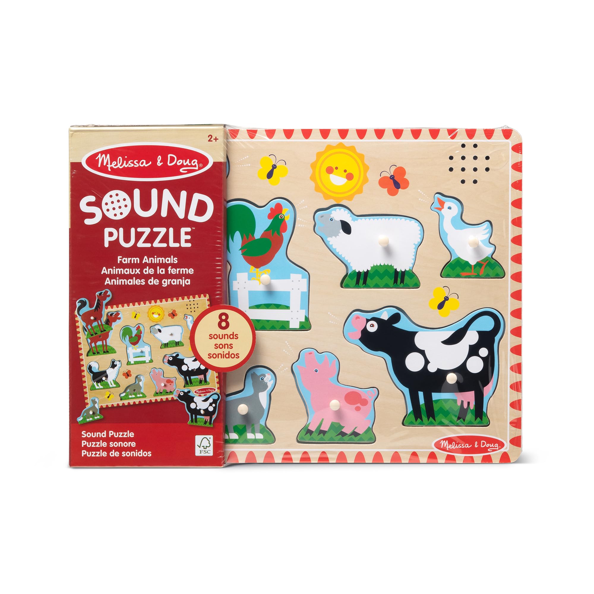 Melissa & Doug Farm Animals Sound Puzzle – 8-Piece Wooden Peg Puzzle with Light-Activated Sounds for Toddlers Ages 2+