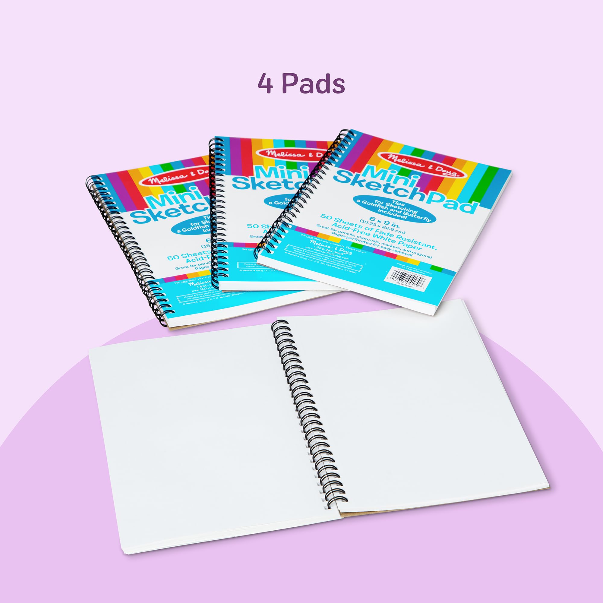 Melissa & Doug Mini-Sketch Pad 4-Pack – 6x9 Inch Spiral-Bound Sketch Books for Kids, 200 Sheets Total