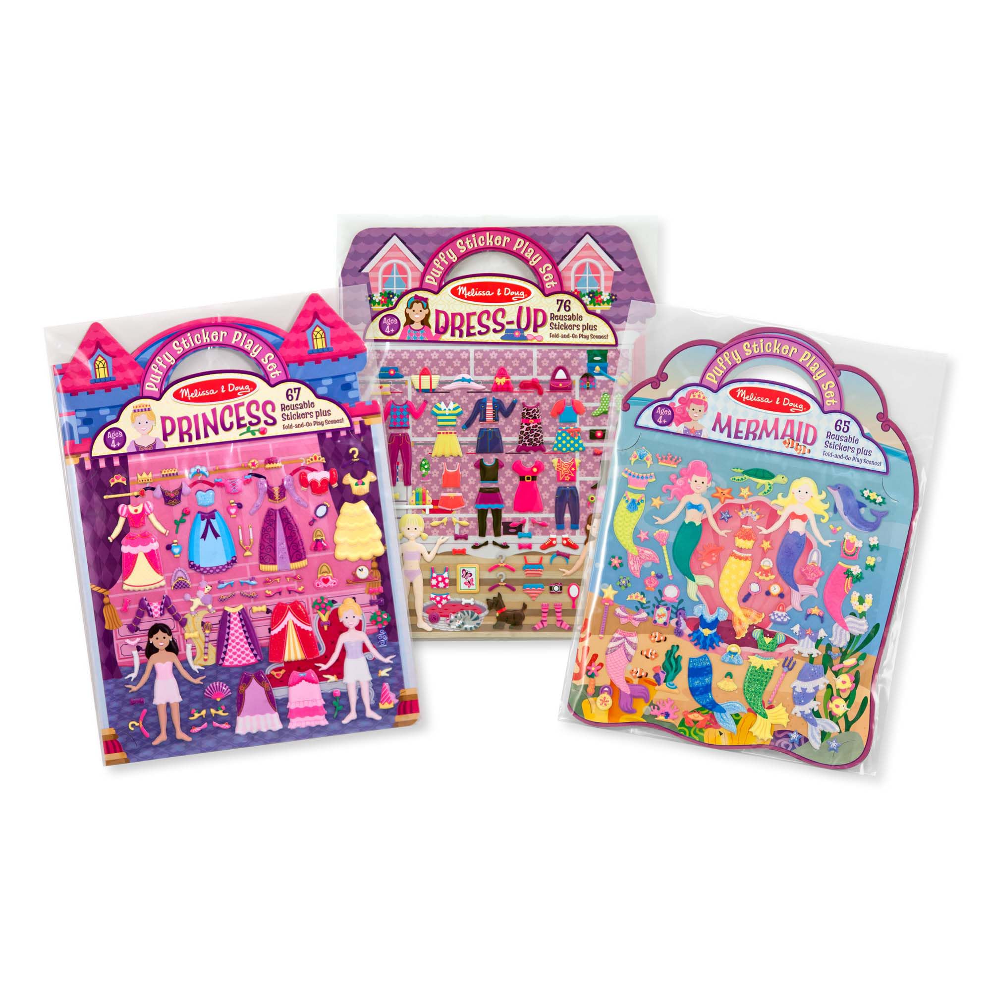 Melissa & Doug Set of 3 Puffy Sticker Activity Books - Dress-Up, Princess & Mermaid with 208 Reusable Stickers