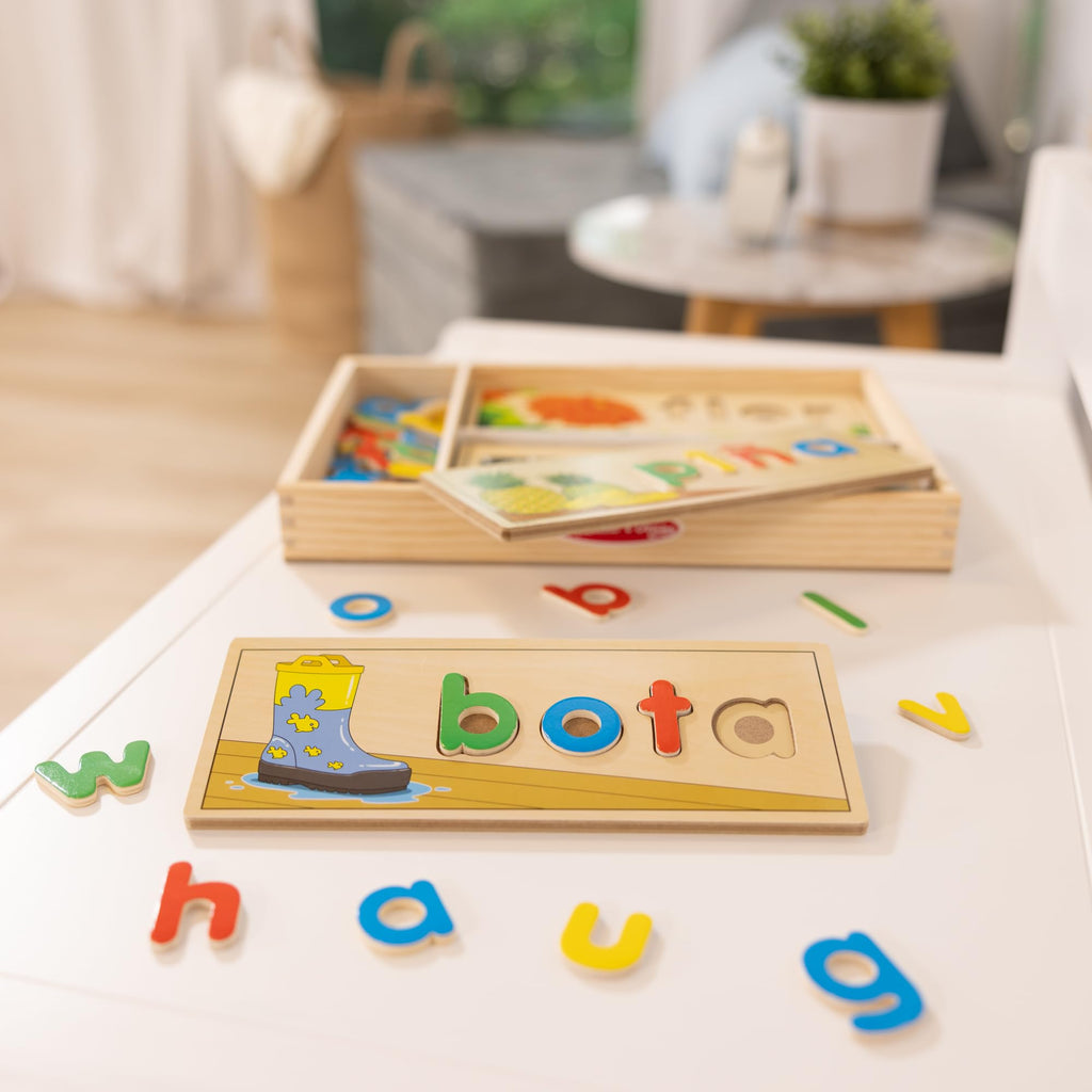 Melissa & Doug Spanish See & Spell Wooden Puzzle Set – 64 Letters & 8 Double-Sided Boards for Learning to Spell in Spanish