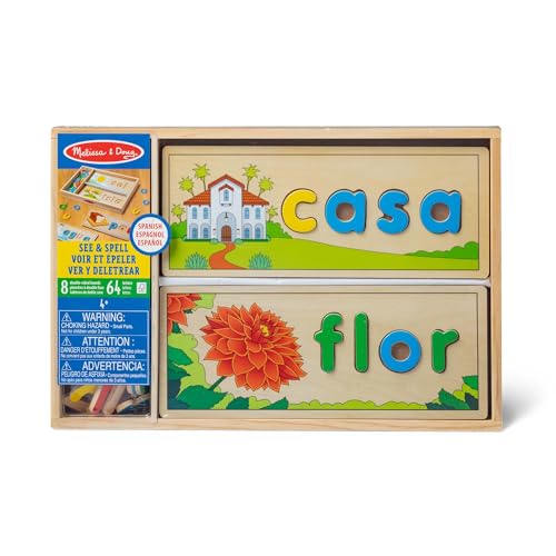 Melissa & Doug Spanish See & Spell Wooden Puzzle Set – 64 Letters & 8 Double-Sided Boards for Learning to Spell in Spanish