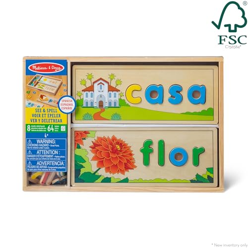 Melissa & Doug Spanish See & Spell Wooden Puzzle Set – 64 Letters & 8 Double-Sided Boards for Learning to Spell in Spanish