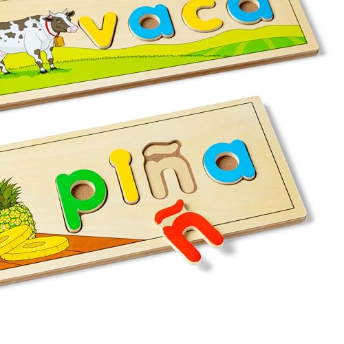 Melissa & Doug Spanish See & Spell Wooden Puzzle Set – 64 Letters & 8 Double-Sided Boards for Learning to Spell in Spanish