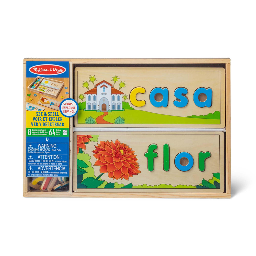 Melissa & Doug Spanish See & Spell Wooden Puzzle Set – 64 Letters & 8 Double-Sided Boards for Learning to Spell in Spanish