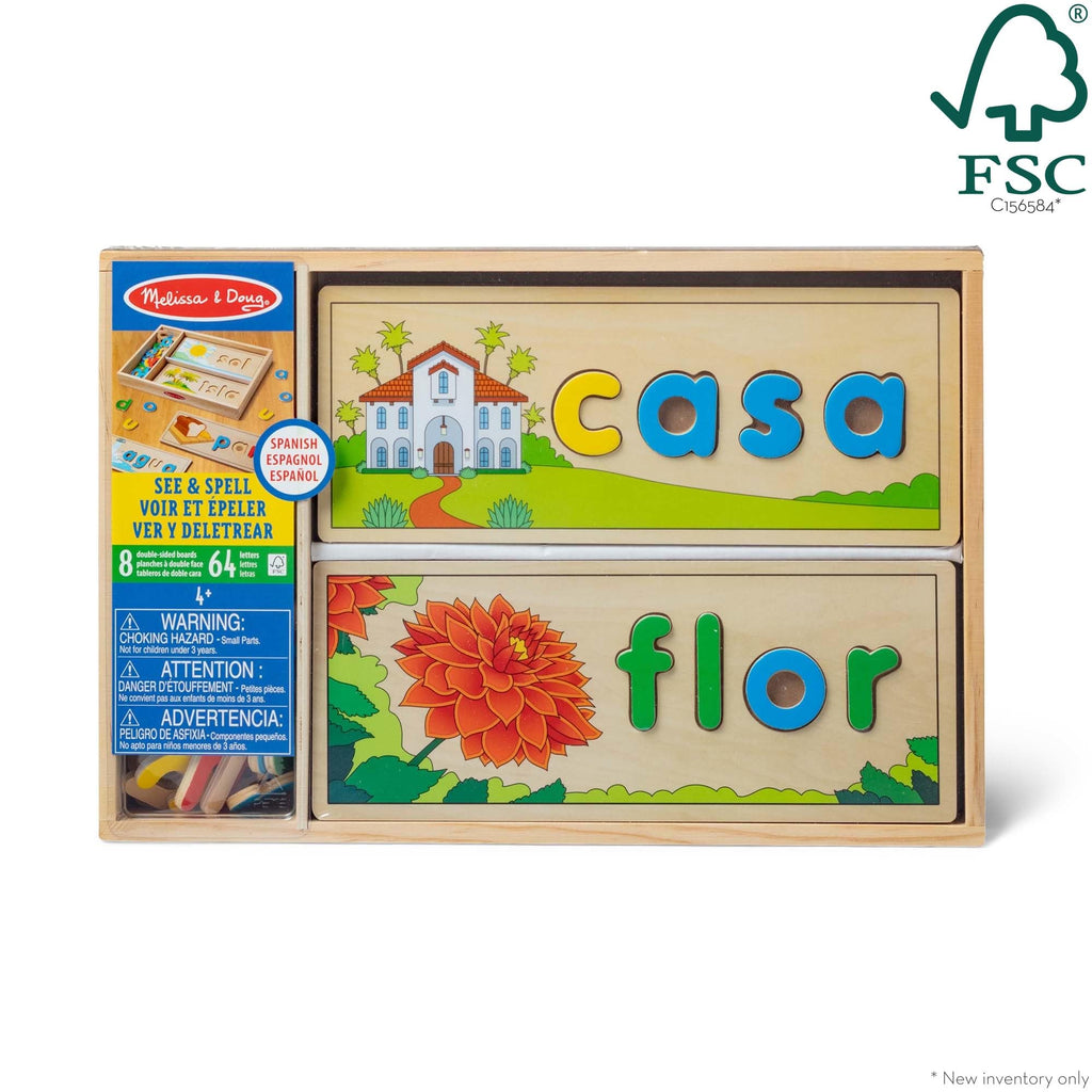 Melissa & Doug Spanish See & Spell Wooden Puzzle Set – 64 Letters & 8 Double-Sided Boards for Learning to Spell in Spanish