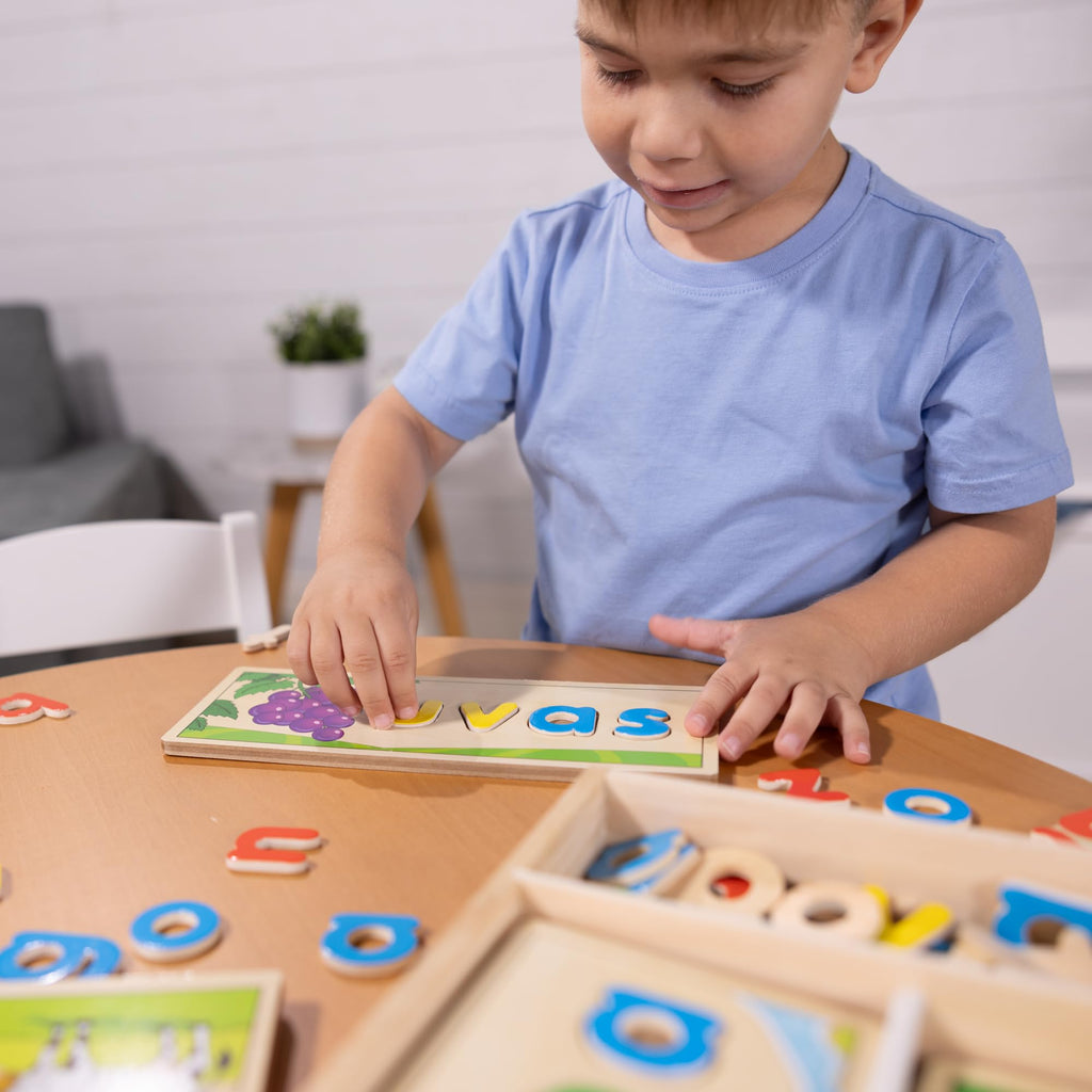 Melissa & Doug Spanish See & Spell Wooden Puzzle Set – 64 Letters & 8 Double-Sided Boards for Learning to Spell in Spanish