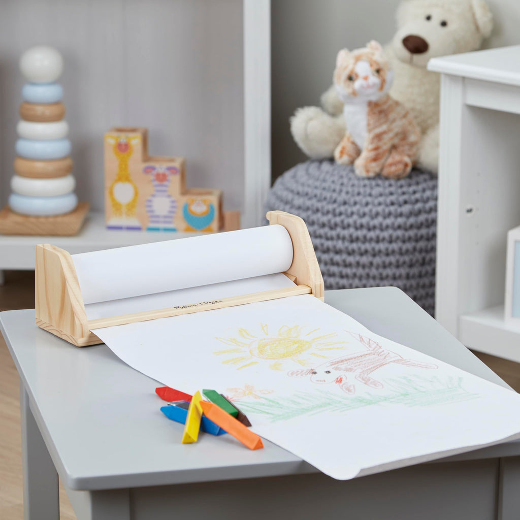 Melissa & Doug Wooden Tabletop Paper Roll Dispenser – 12-Inch x 75-Foot Bond Paper for Kids