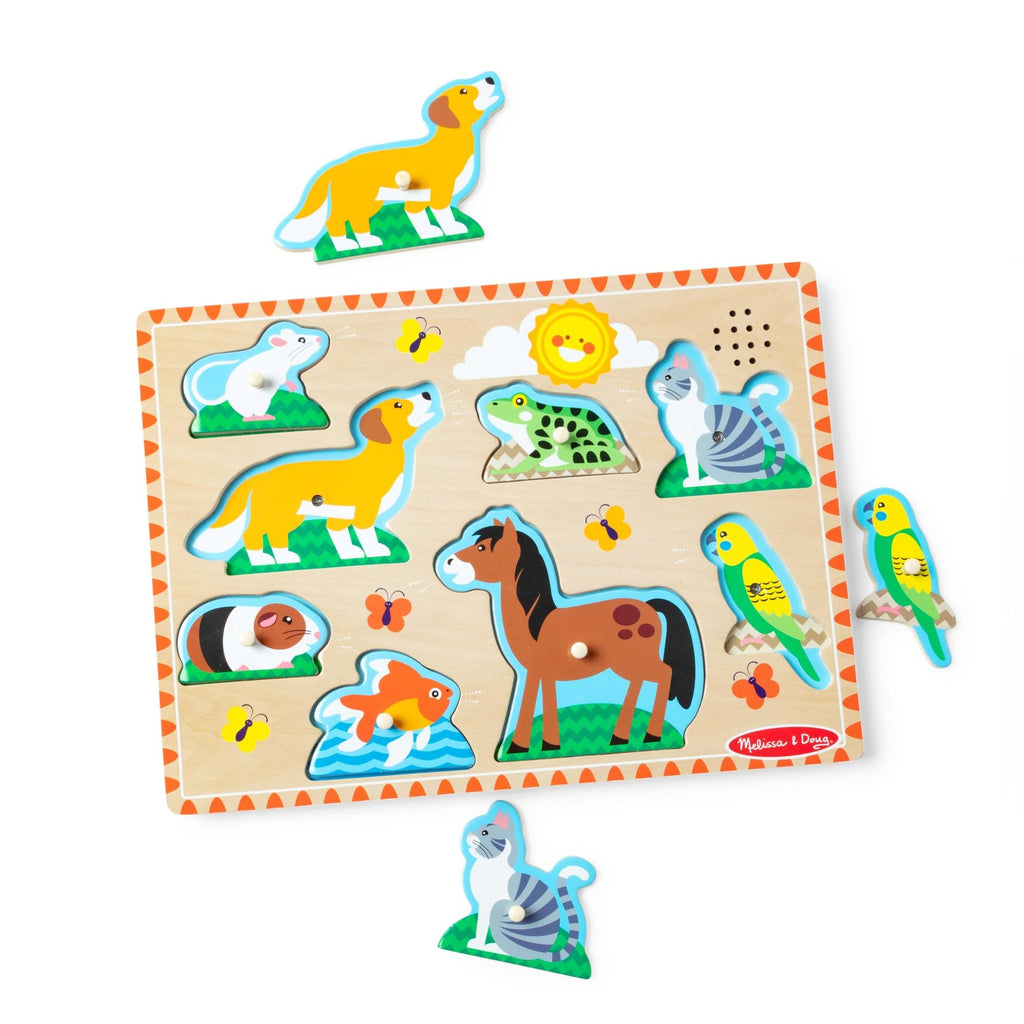 Melissa & Doug Zoo Pet Animals Sound Puzzle – 8-Piece Wooden Peg Puzzle with Light-Activated Animal Sounds for Toddlers Ages 2+