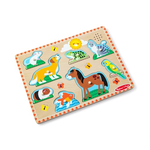 Melissa & Doug Zoo Pet Animals Sound Puzzle – 8-Piece Wooden Peg Puzzle with Light-Activated Animal Sounds for Toddlers Ages 2+