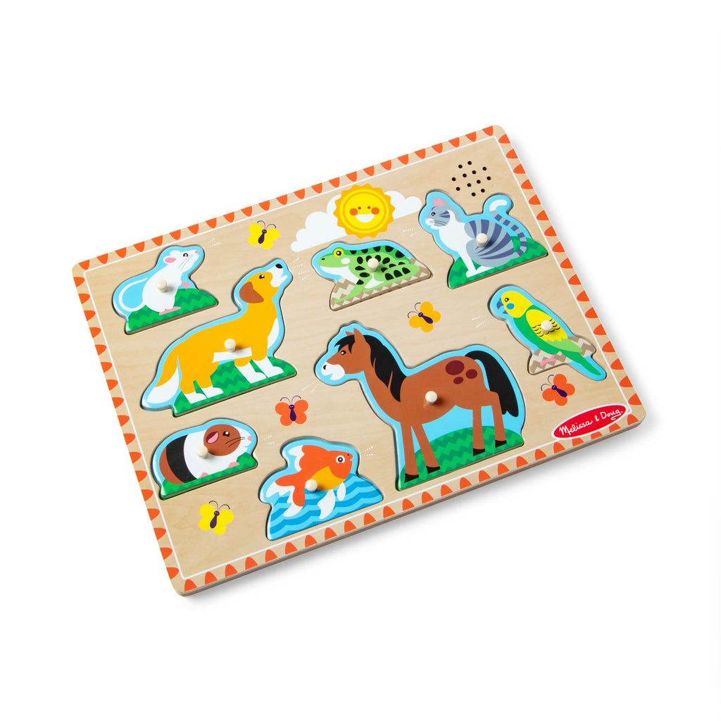 Melissa & Doug Zoo Pet Animals Sound Puzzle – 8-Piece Wooden Peg Puzzle with Light-Activated Animal Sounds for Toddlers Ages 2+