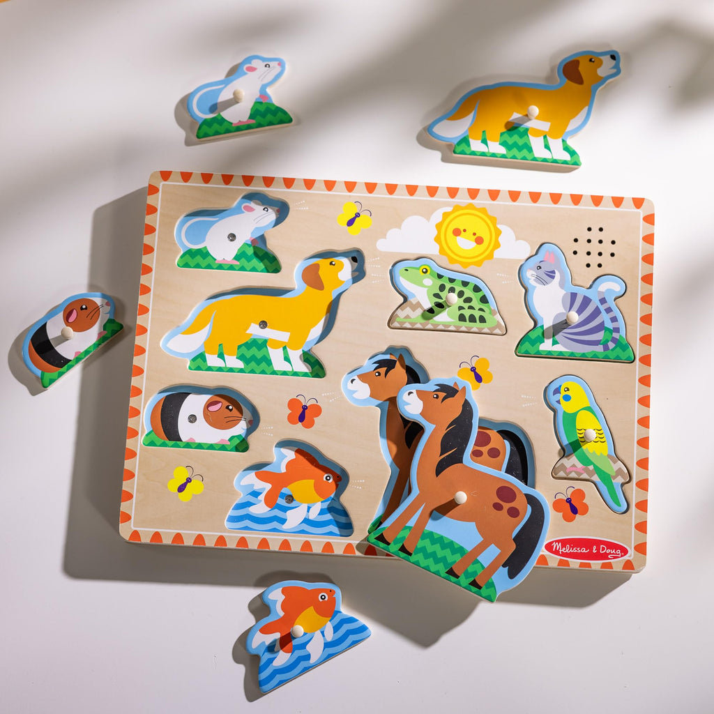 Melissa & Doug Zoo Pet Animals Sound Puzzle – 8-Piece Wooden Peg Puzzle with Light-Activated Animal Sounds for Toddlers Ages 2+