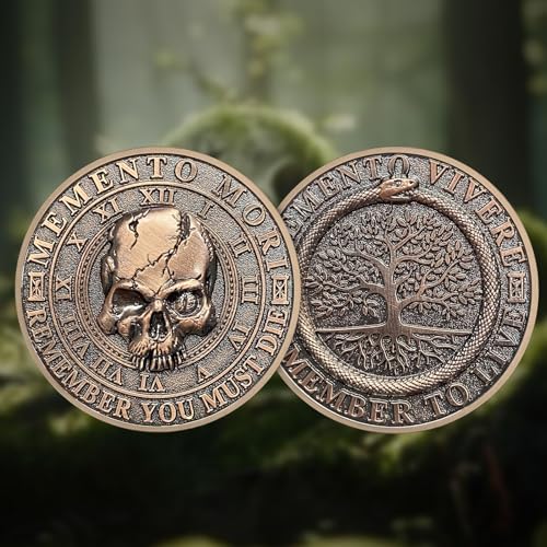 Memento Mori Memento Vivere Coin – 3D Skull Stoic Reminder Token with Tree of Life & Ouroboros, Zinc Alloy Challenge Coin for Daily Inspiration